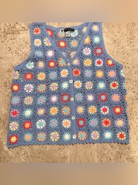 BLAST Blue Crochet Granny Square Vest with Multicolor Accents